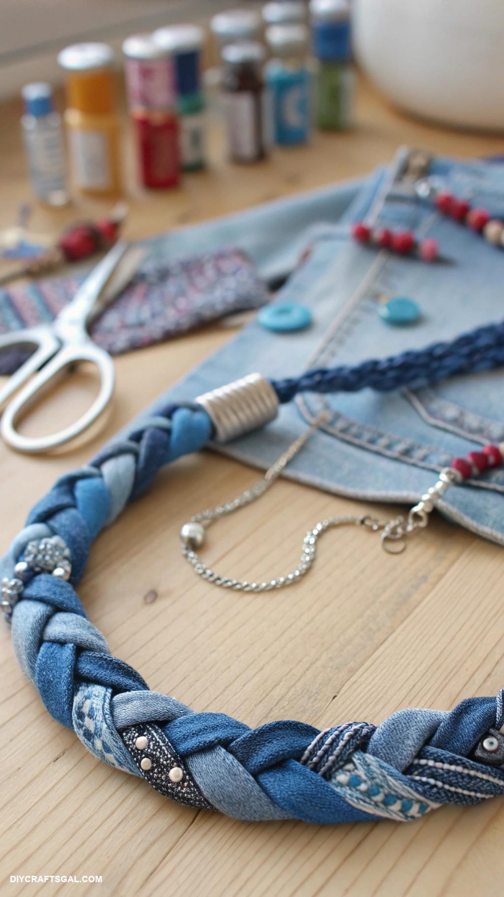 upcycle jewelry ideas Denim scraps into trendy necklace