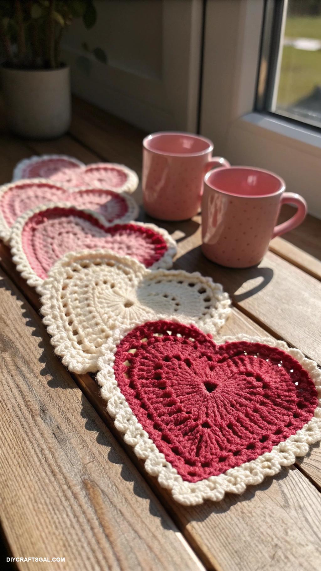 valentines day crochet ideas Heart shaped coasters for cozy drinks