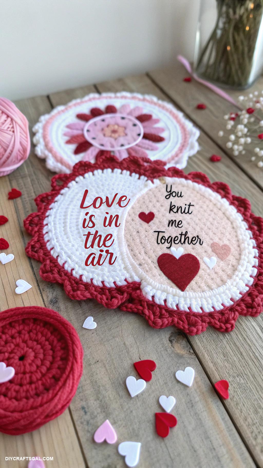 valentines day crochet ideas Valentines themed coasters with quotes