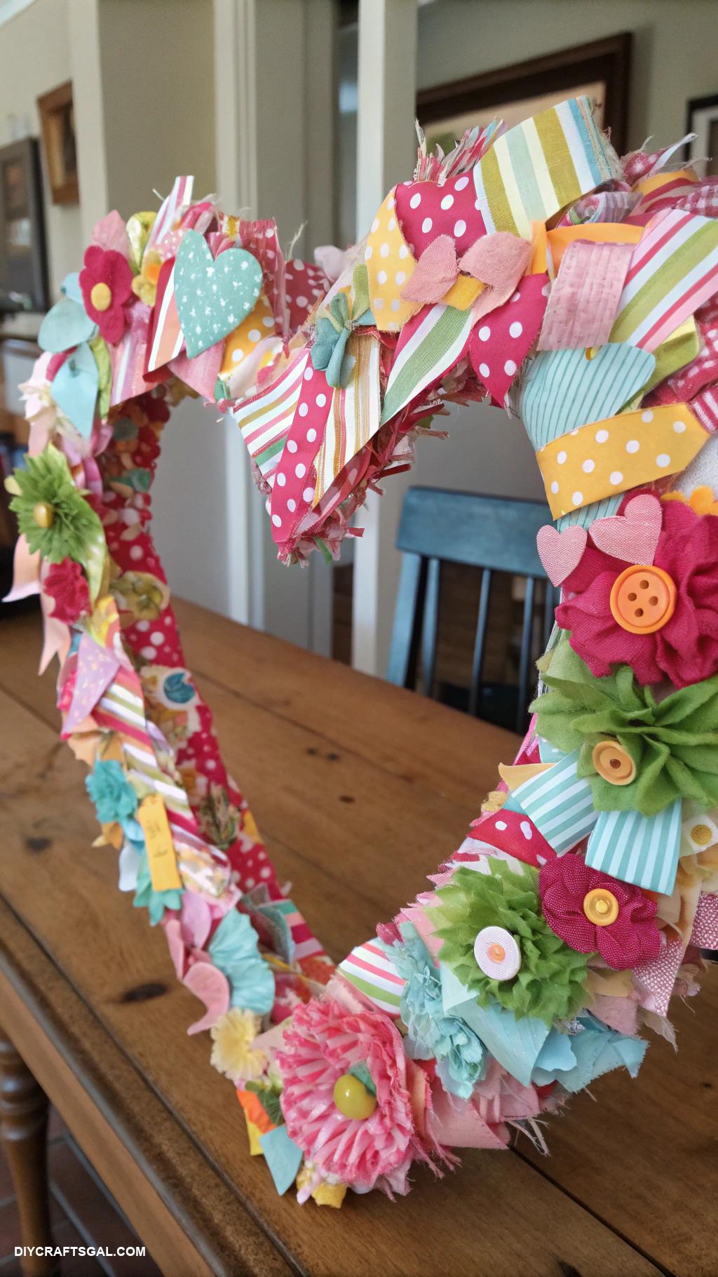 valentines day wreath ideas Fabric scraps wreath with playful patterns