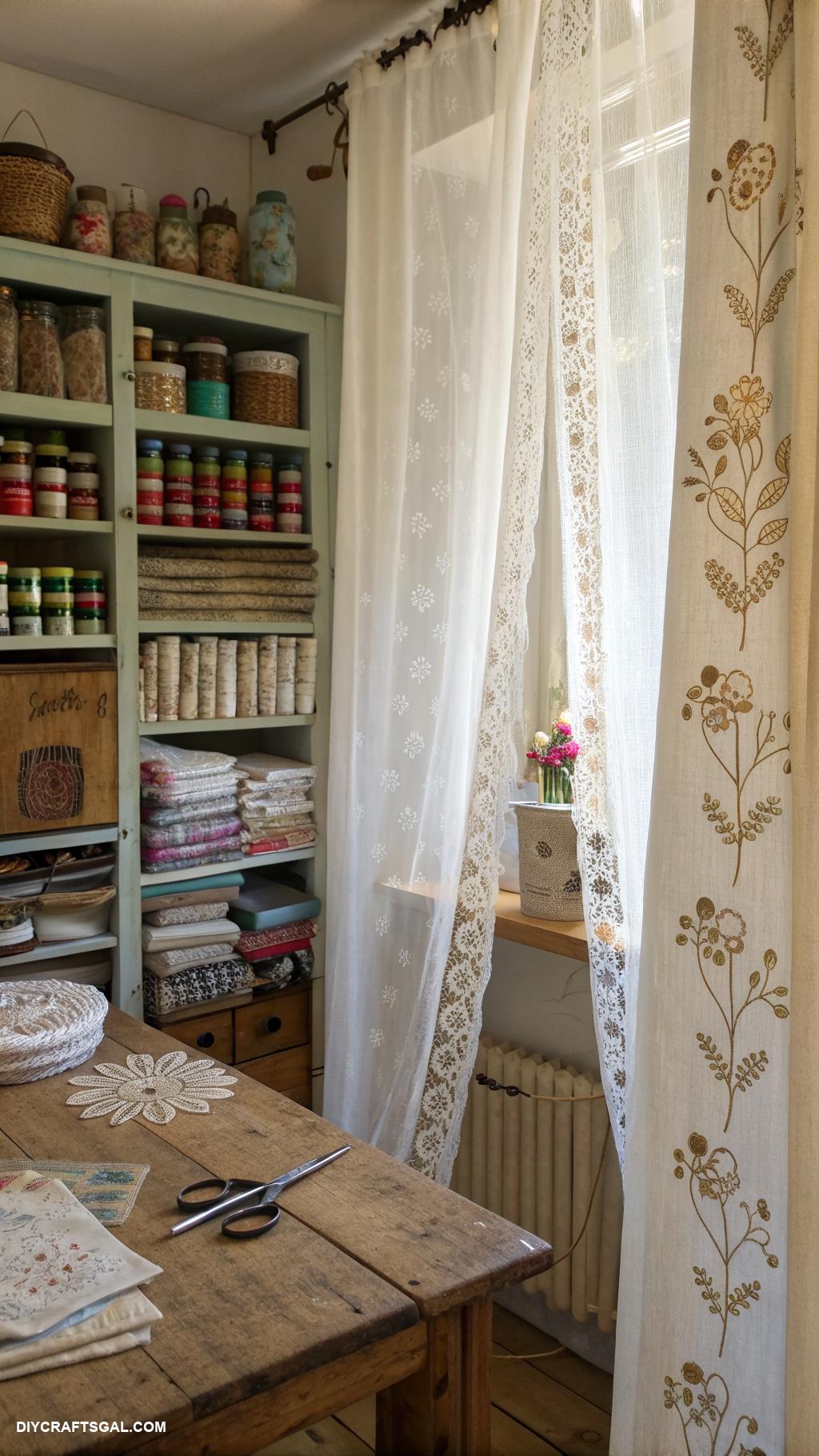 vintage craft room ideas Lace curtains for light filtering partitions