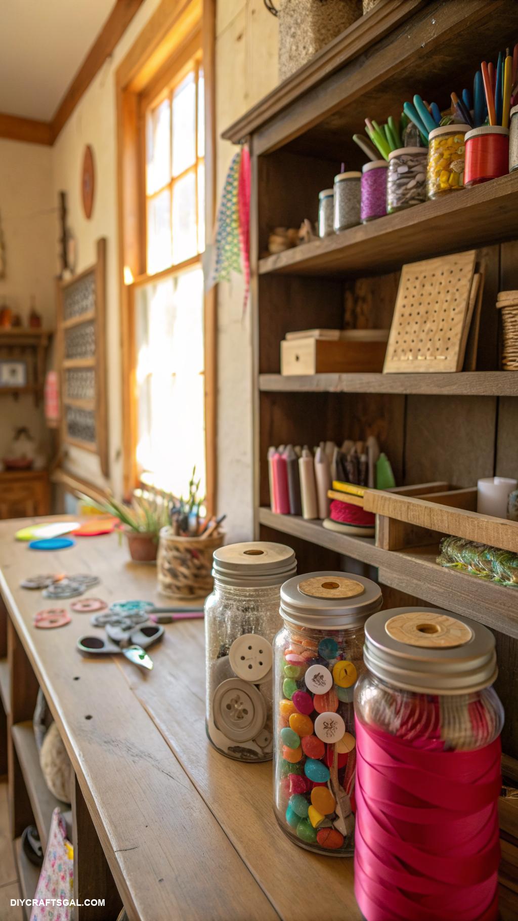 vintage craft room ideas Mason jars filled with colorful supplies