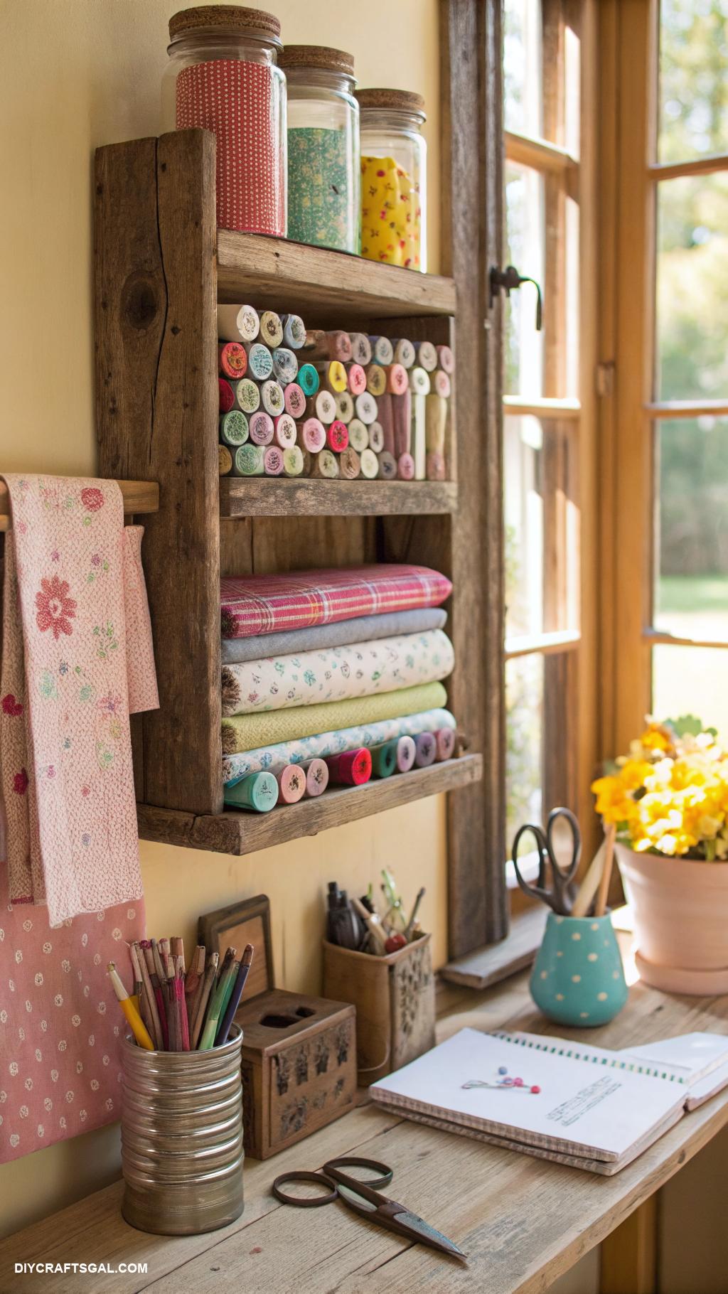 vintage craft room ideas Recycled wood shelves with vintage decor