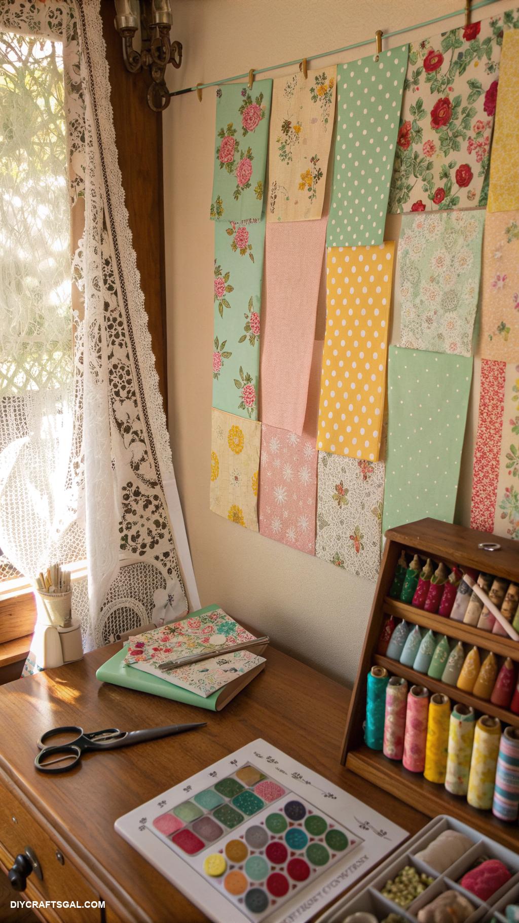 vintage craft room ideas Retro fabric swatches as wall art