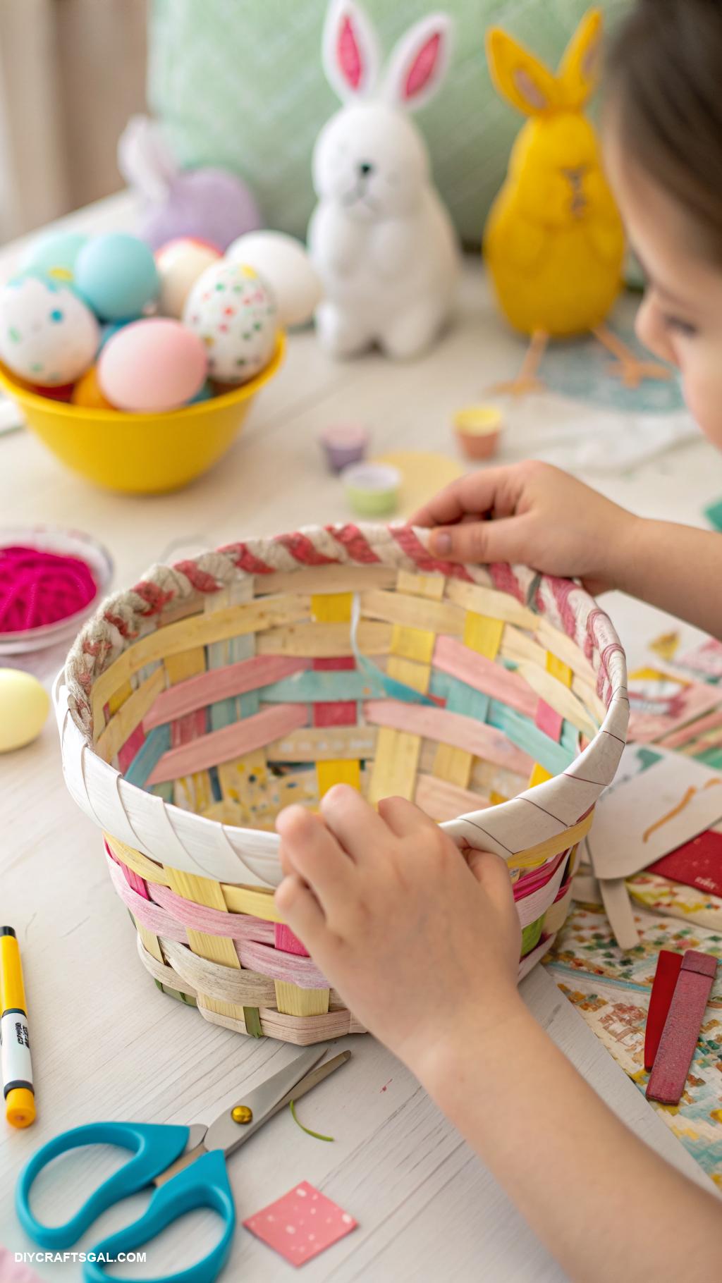 easter crafts for kids Easter basket weaving with newspaper strips