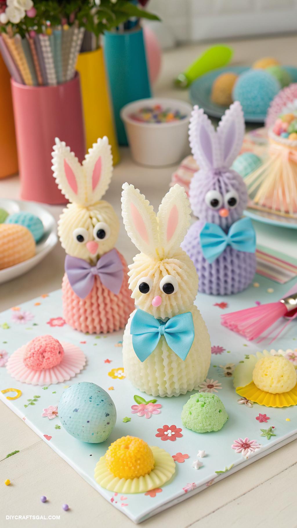 easter crafts for kids Pasta bunnies with pom pom tails