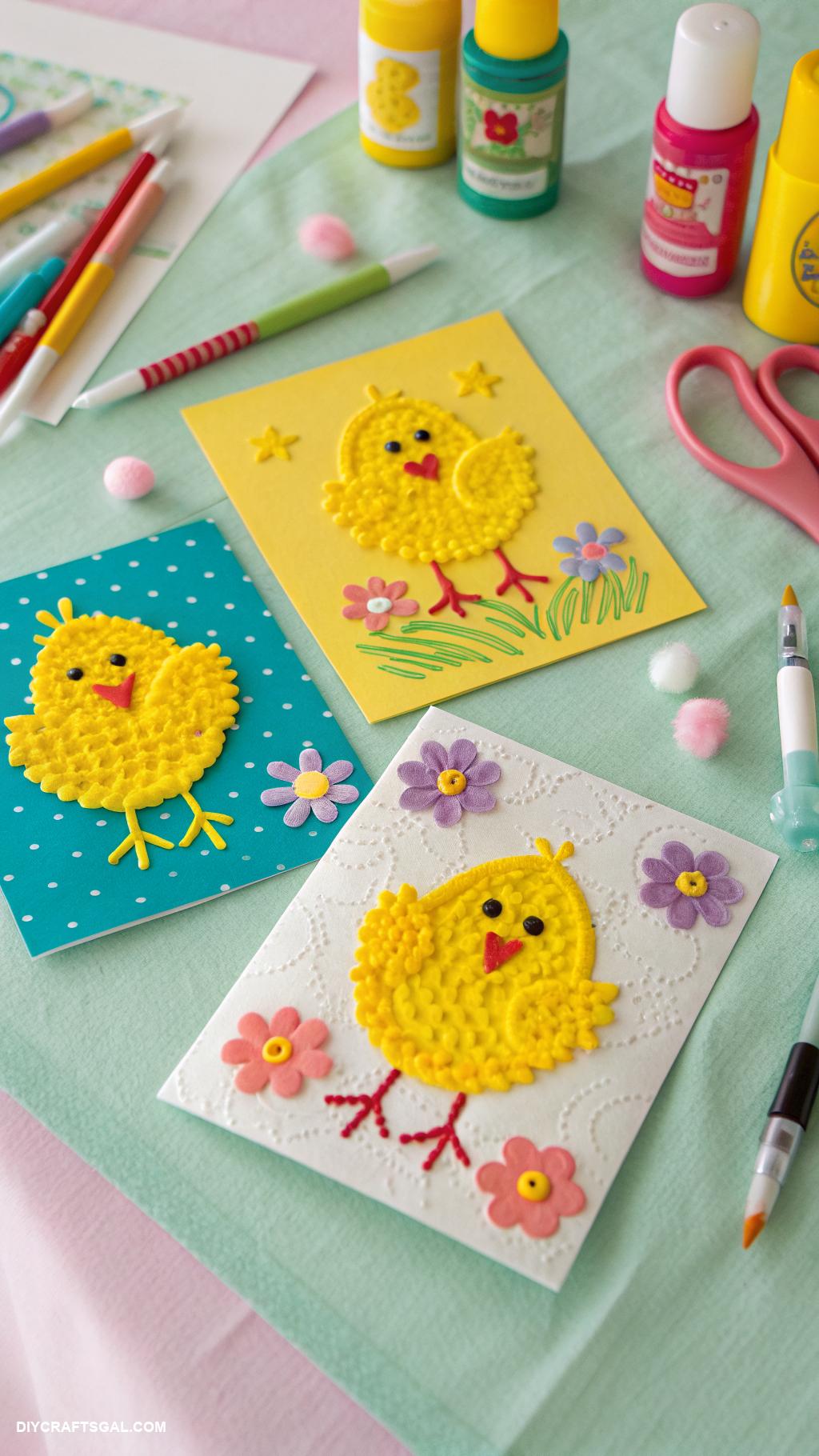 easter crafts for kids Puffy paint chick cards